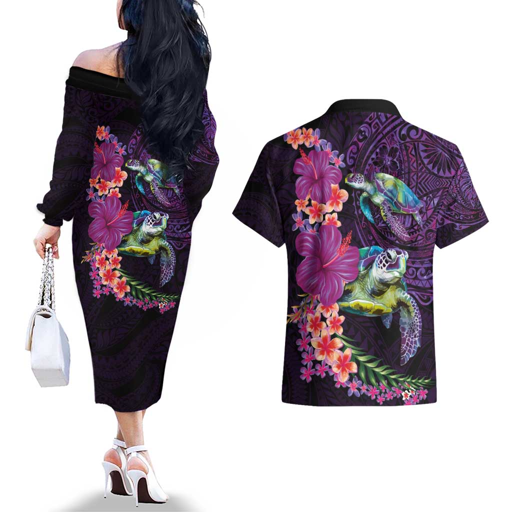 Hawaiian Plumeria and Hibiscus with Turtles Couples Matching Off The Shoulder Long Sleeve Dress and Hawaiian Shirt Polynesian Art Purple Color - Polynesian Pride