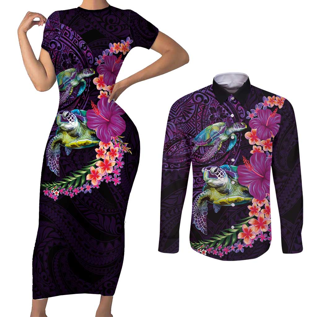 Hawaiian Plumeria and Hibiscus with Turtles Couples Matching Short Sleeve Bodycon Dress and Long Sleeve Button Shirt Polynesian Art Purple Color - Polynesian Pride