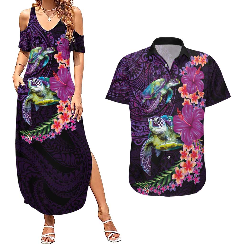 Hawaiian Plumeria and Hibiscus with Turtles Couples Matching Summer Maxi Dress and Hawaiian Shirt Polynesian Art Purple Color - Polynesian Pride