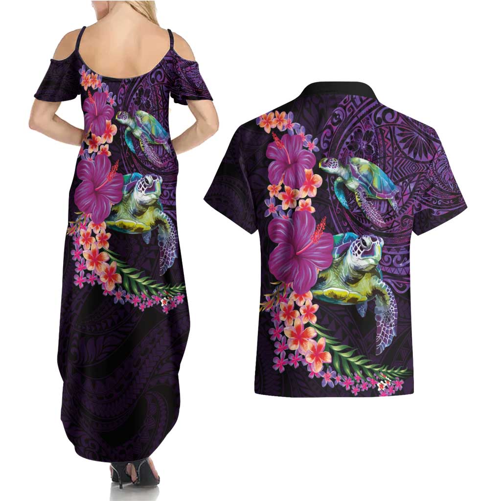 Hawaiian Plumeria and Hibiscus with Turtles Couples Matching Summer Maxi Dress and Hawaiian Shirt Polynesian Art Purple Color - Polynesian Pride
