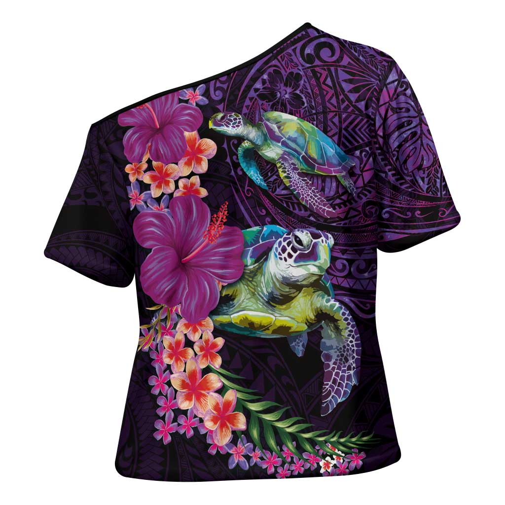 Hawaiian Plumeria and Hibiscus with Turtles Cross Shoulder Shirt Polynesian Art Purple Color - Polynesian Pride