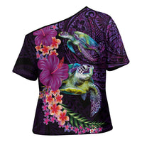 Hawaiian Plumeria and Hibiscus with Turtles Cross Shoulder Shirt Polynesian Art Purple Color - Polynesian Pride