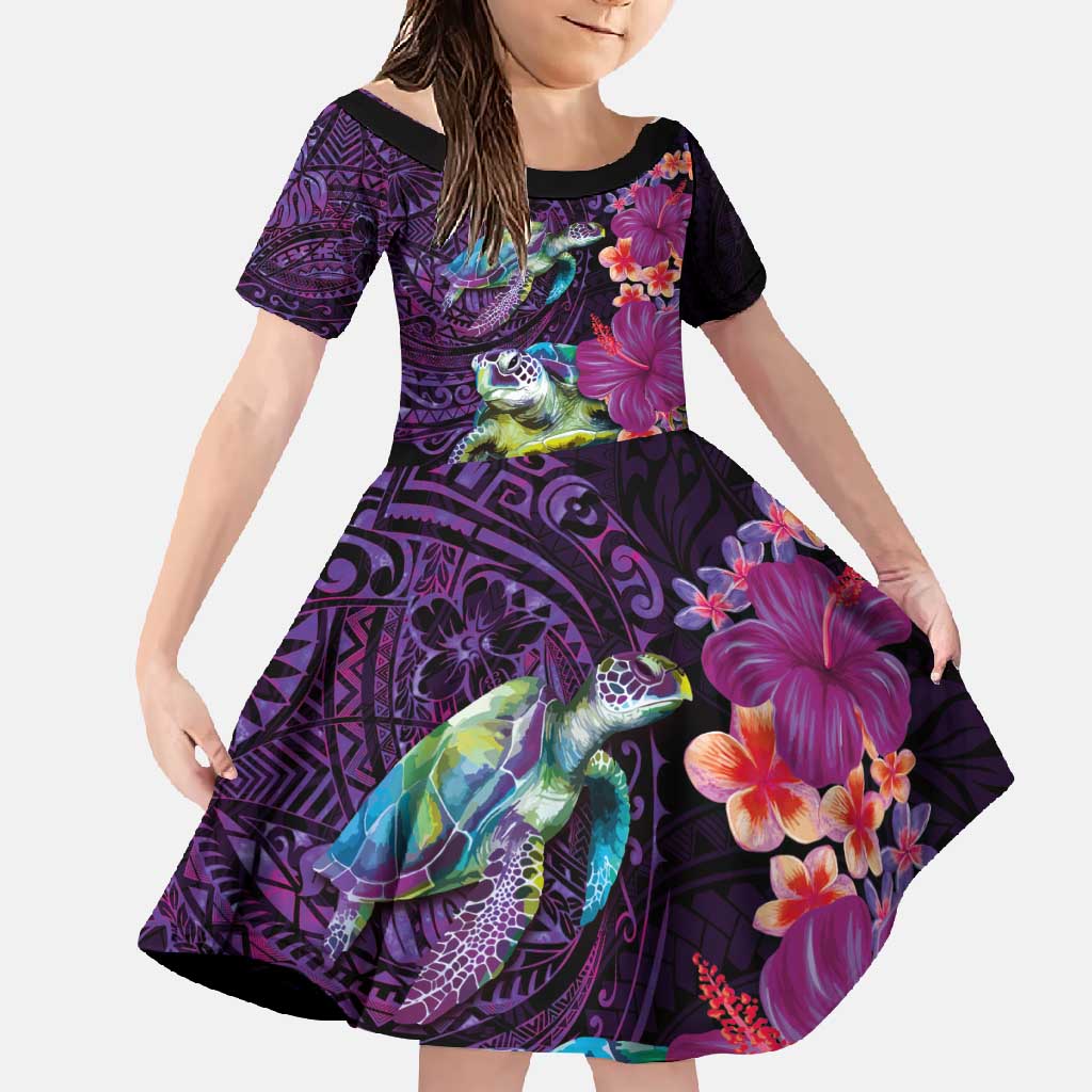 Hawaiian Plumeria and Hibiscus with Turtles Family Matching Long Sleeve Bodycon Dress and Hawaiian Shirt Polynesian Art Purple Color - Polynesian Pride