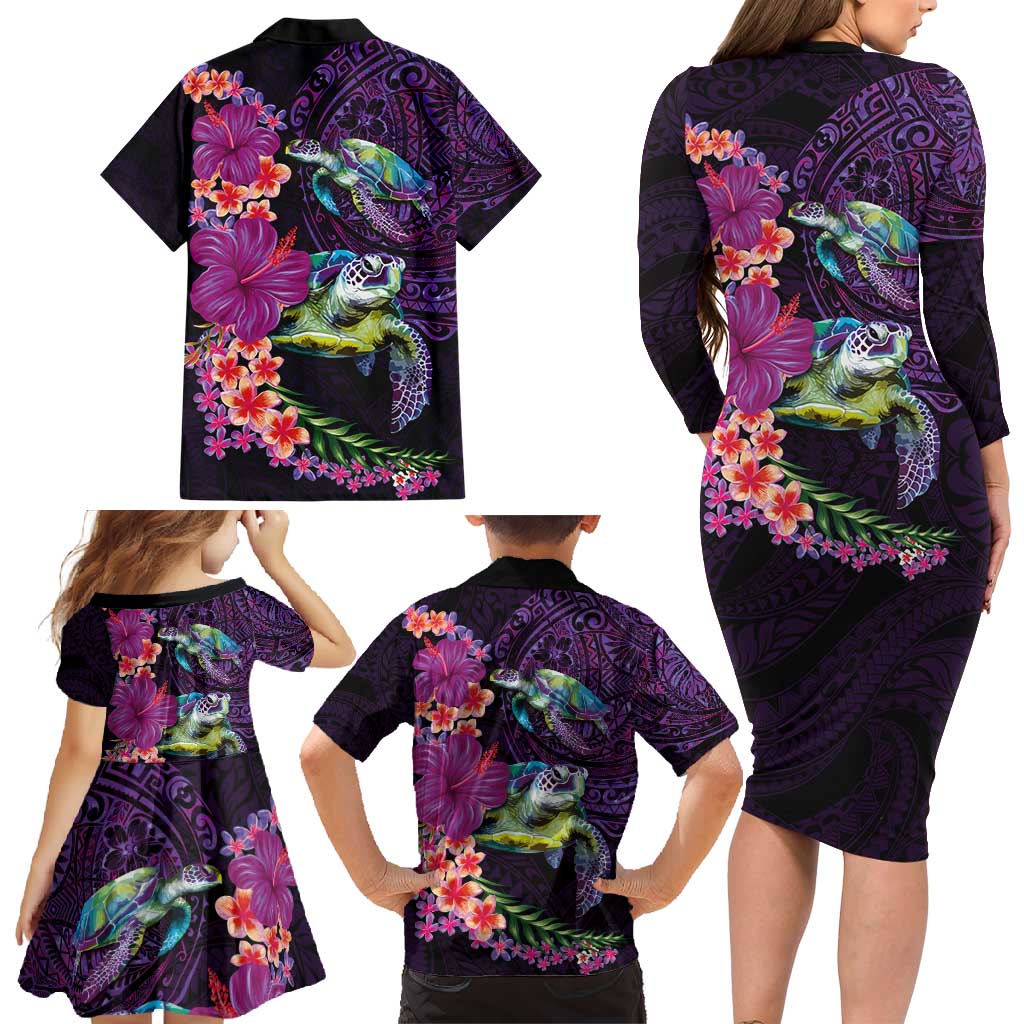 Hawaiian Plumeria and Hibiscus with Turtles Family Matching Long Sleeve Bodycon Dress and Hawaiian Shirt Polynesian Art Purple Color - Polynesian Pride