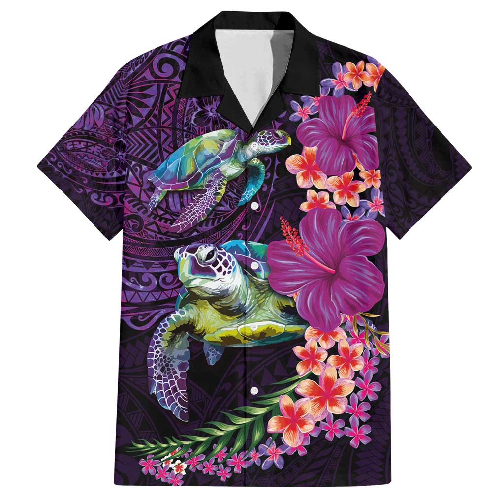 Hawaiian Plumeria and Hibiscus with Turtles Family Matching Long Sleeve Bodycon Dress and Hawaiian Shirt Polynesian Art Purple Color - Polynesian Pride