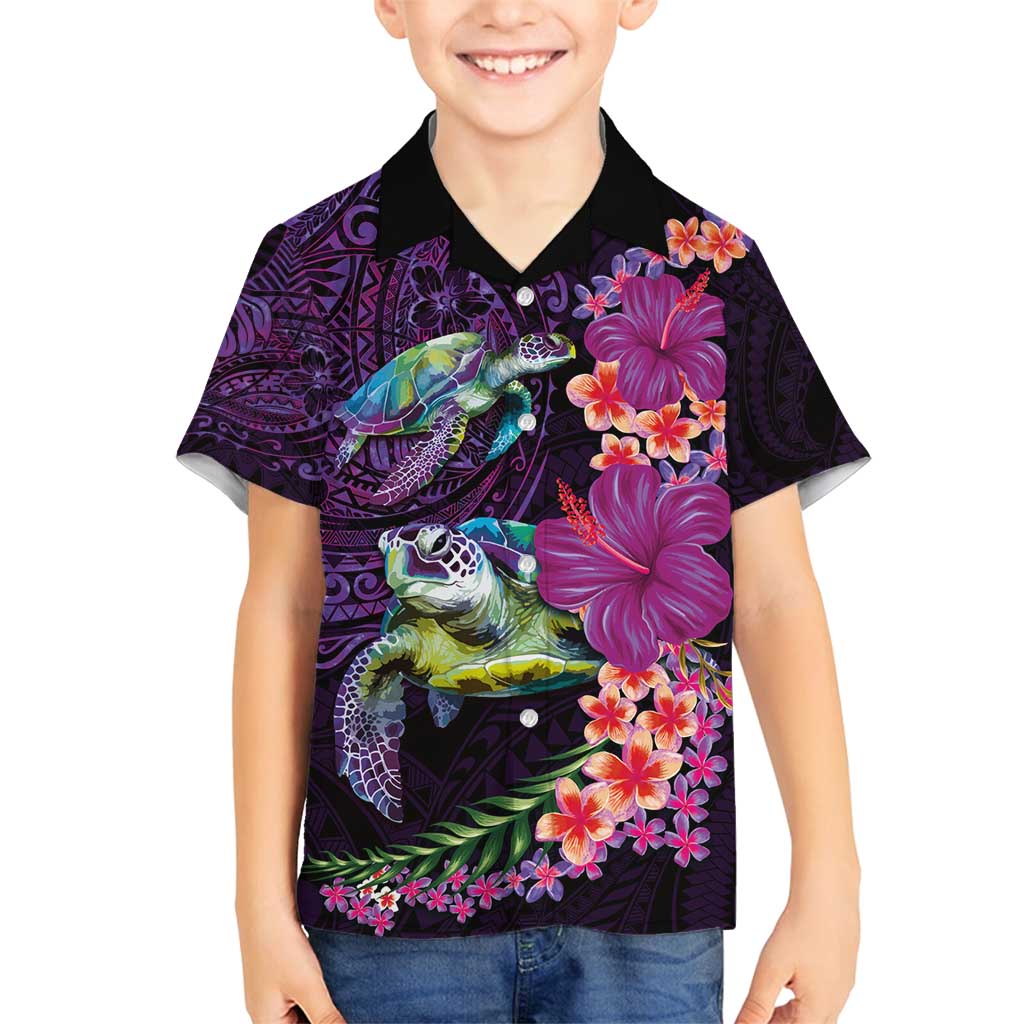 Hawaiian Plumeria and Hibiscus with Turtles Family Matching Long Sleeve Bodycon Dress and Hawaiian Shirt Polynesian Art Purple Color - Polynesian Pride