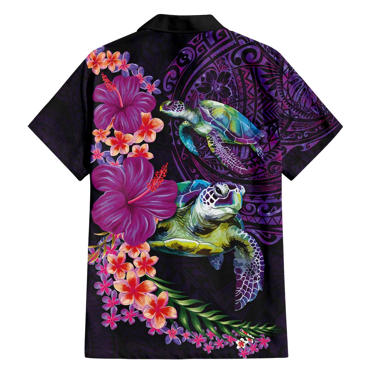 Hawaiian Plumeria and Hibiscus with Turtles Family Matching Off The Shoulder Long Sleeve Dress and Hawaiian Shirt Polynesian Art Purple Color - Polynesian Pride
