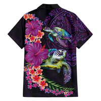 Hawaiian Plumeria and Hibiscus with Turtles Family Matching Off The Shoulder Long Sleeve Dress and Hawaiian Shirt Polynesian Art Purple Color - Polynesian Pride