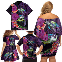 Hawaiian Plumeria and Hibiscus with Turtles Family Matching Off Shoulder Short Dress and Hawaiian Shirt Polynesian Art Purple Color - Polynesian Pride