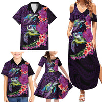 Hawaiian Plumeria and Hibiscus with Turtles Family Matching Summer Maxi Dress and Hawaiian Shirt Polynesian Art Purple Color - Polynesian Pride