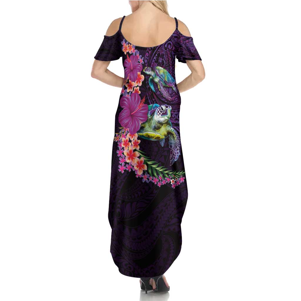 Hawaiian Plumeria and Hibiscus with Turtles Family Matching Summer Maxi Dress and Hawaiian Shirt Polynesian Art Purple Color - Polynesian Pride