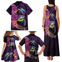 Hawaiian Plumeria and Hibiscus with Turtles Family Matching Tank Maxi Dress and Hawaiian Shirt Polynesian Art Purple Color - Polynesian Pride