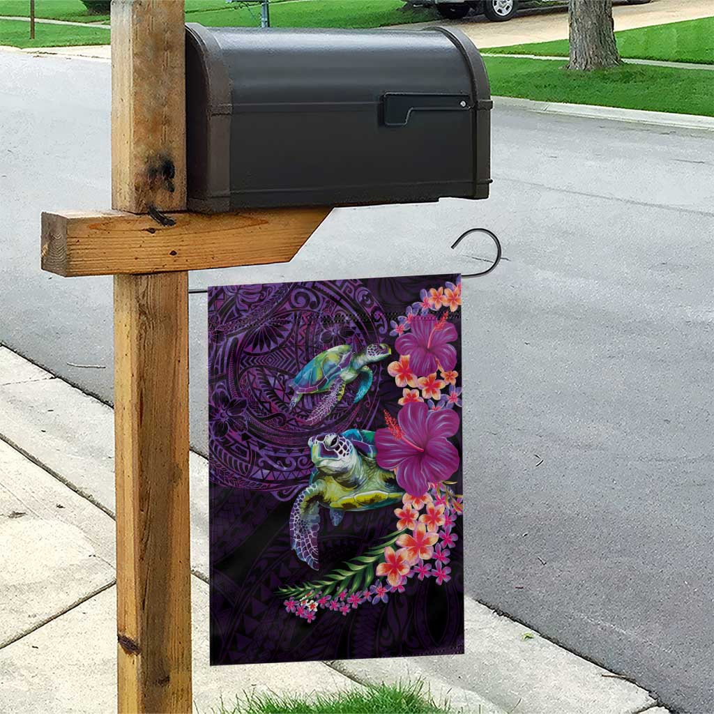 Hawaiian Plumeria and Hibiscus with Turtles Garden Flag Polynesian Art Purple Color - Polynesian Pride