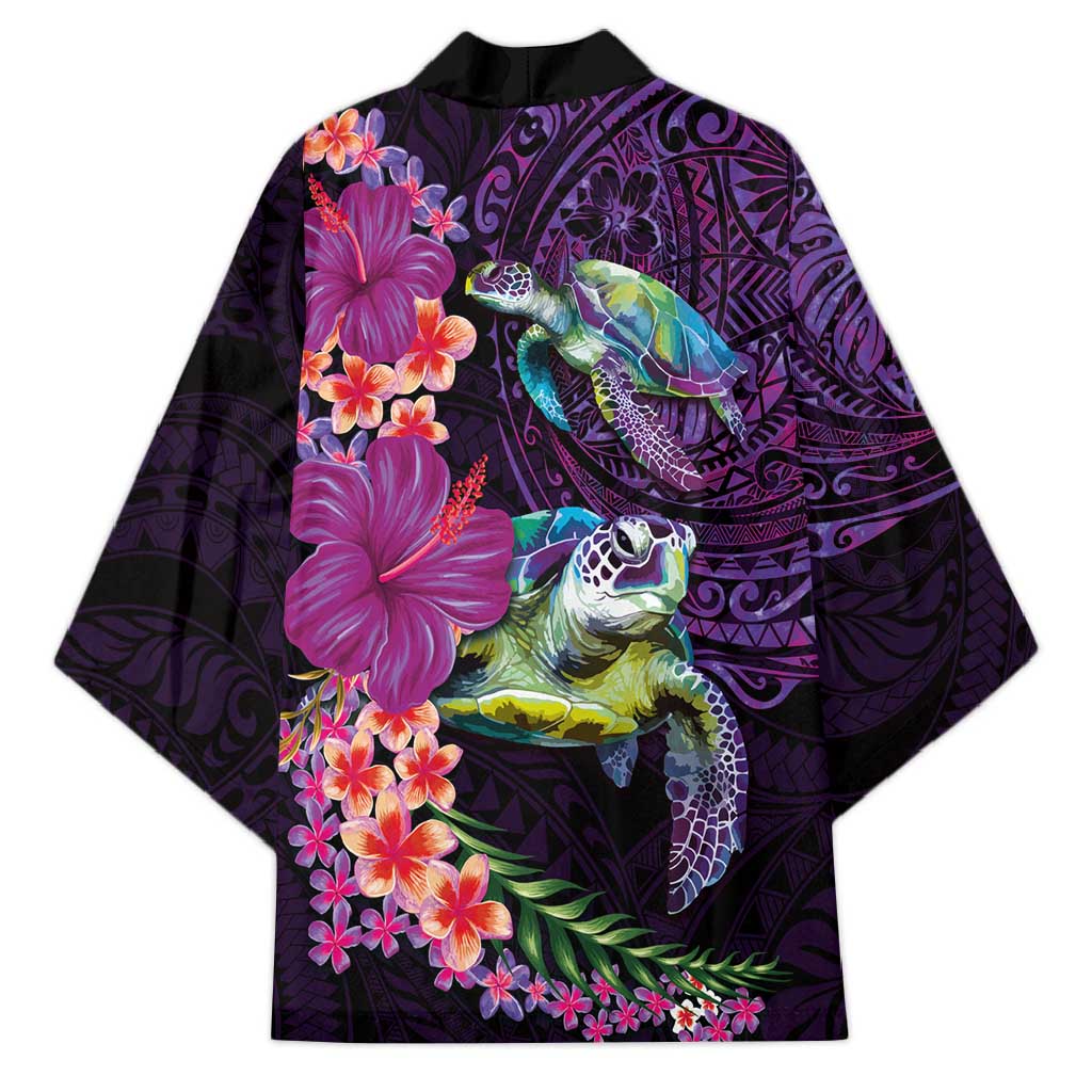 Hawaiian Plumeria and Hibiscus with Turtles Kimono Polynesian Art Purple Color - Polynesian Pride
