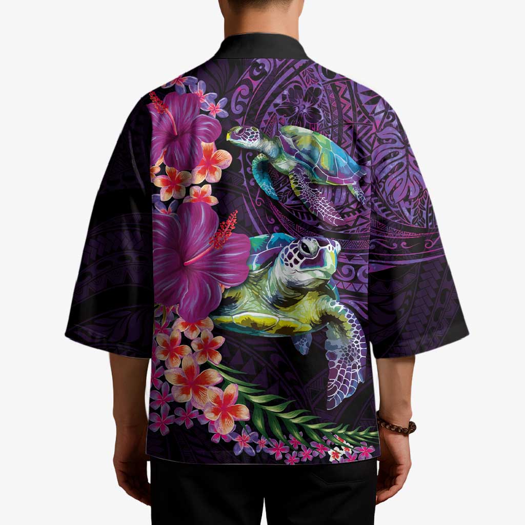 Hawaiian Plumeria and Hibiscus with Turtles Kimono Polynesian Art Purple Color - Polynesian Pride