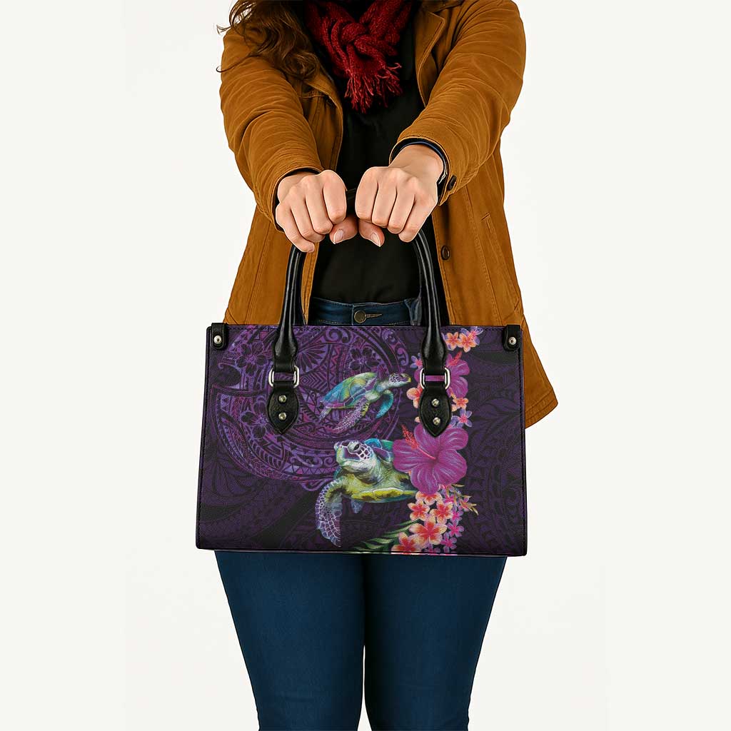 Hawaiian Plumeria and Hibiscus with Turtles Leather Bag Polynesian Art Purple Color - Polynesian Pride