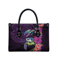 Hawaiian Plumeria and Hibiscus with Turtles Leather Bag Polynesian Art Purple Color - Polynesian Pride