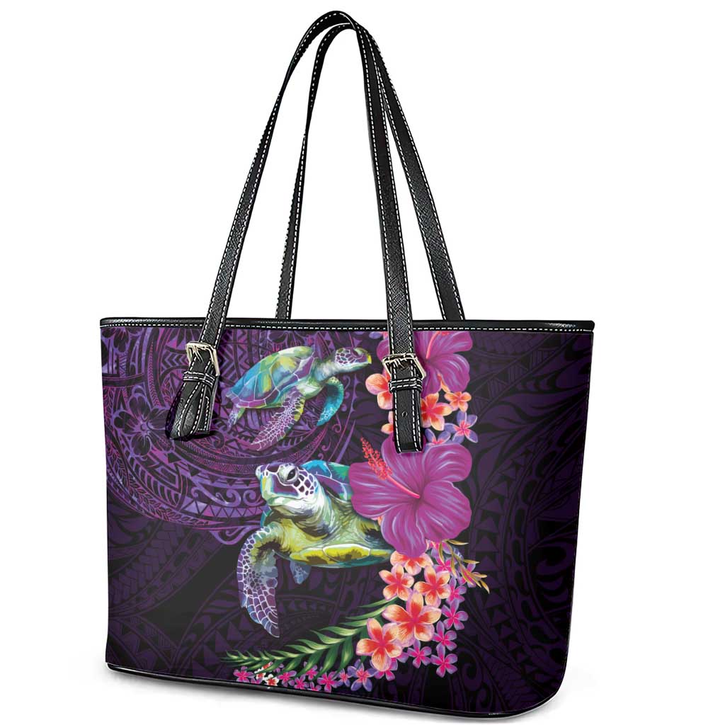 Hawaiian Plumeria and Hibiscus with Turtles Leather Tote Bag Polynesian Art Purple Color - Polynesian Pride