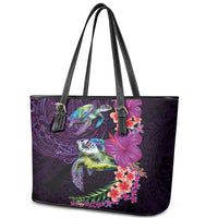 Hawaiian Plumeria and Hibiscus with Turtles Leather Tote Bag Polynesian Art Purple Color - Polynesian Pride