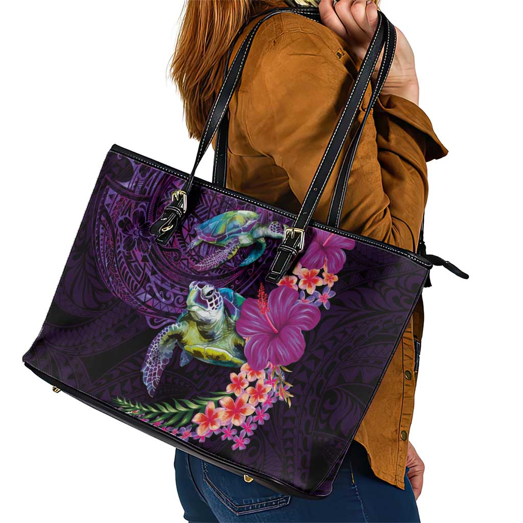 Hawaiian Plumeria and Hibiscus with Turtles Leather Tote Bag Polynesian Art Purple Color - Polynesian Pride