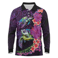Hawaiian Plumeria and Hibiscus with Turtles Long Sleeve Polo Shirt Polynesian Art Purple Color - Polynesian Pride