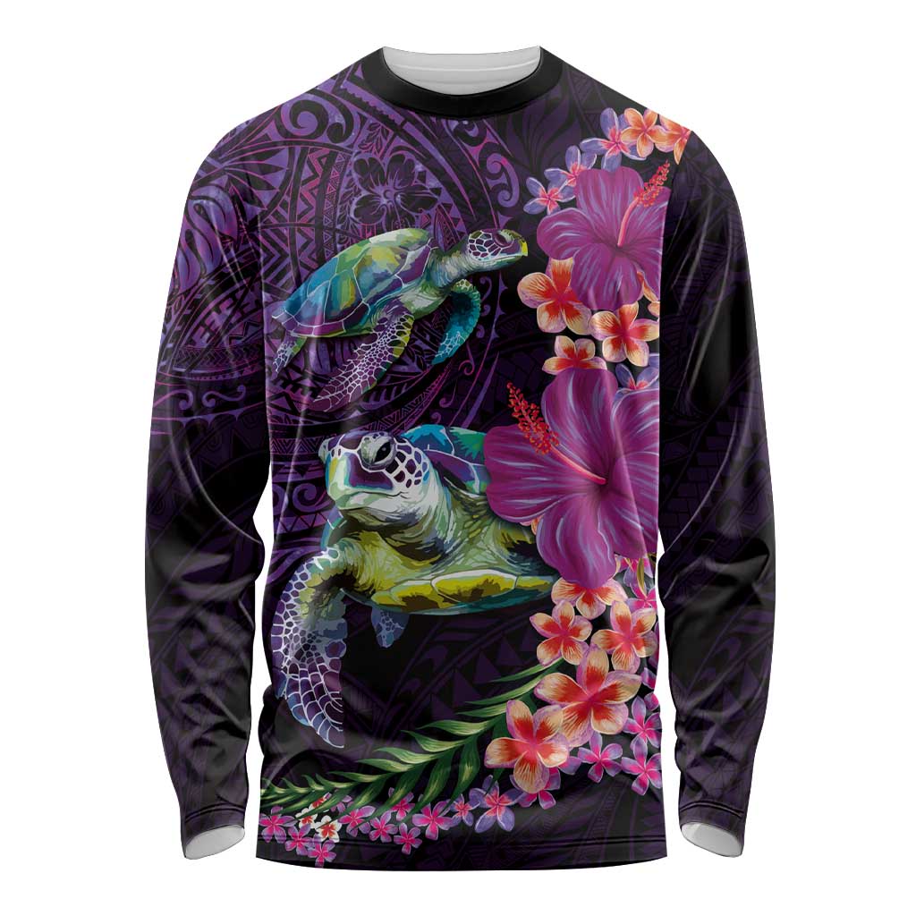 Hawaiian Plumeria and Hibiscus with Turtles Long Sleeve Shirt Polynesian Art Purple Color - Polynesian Pride