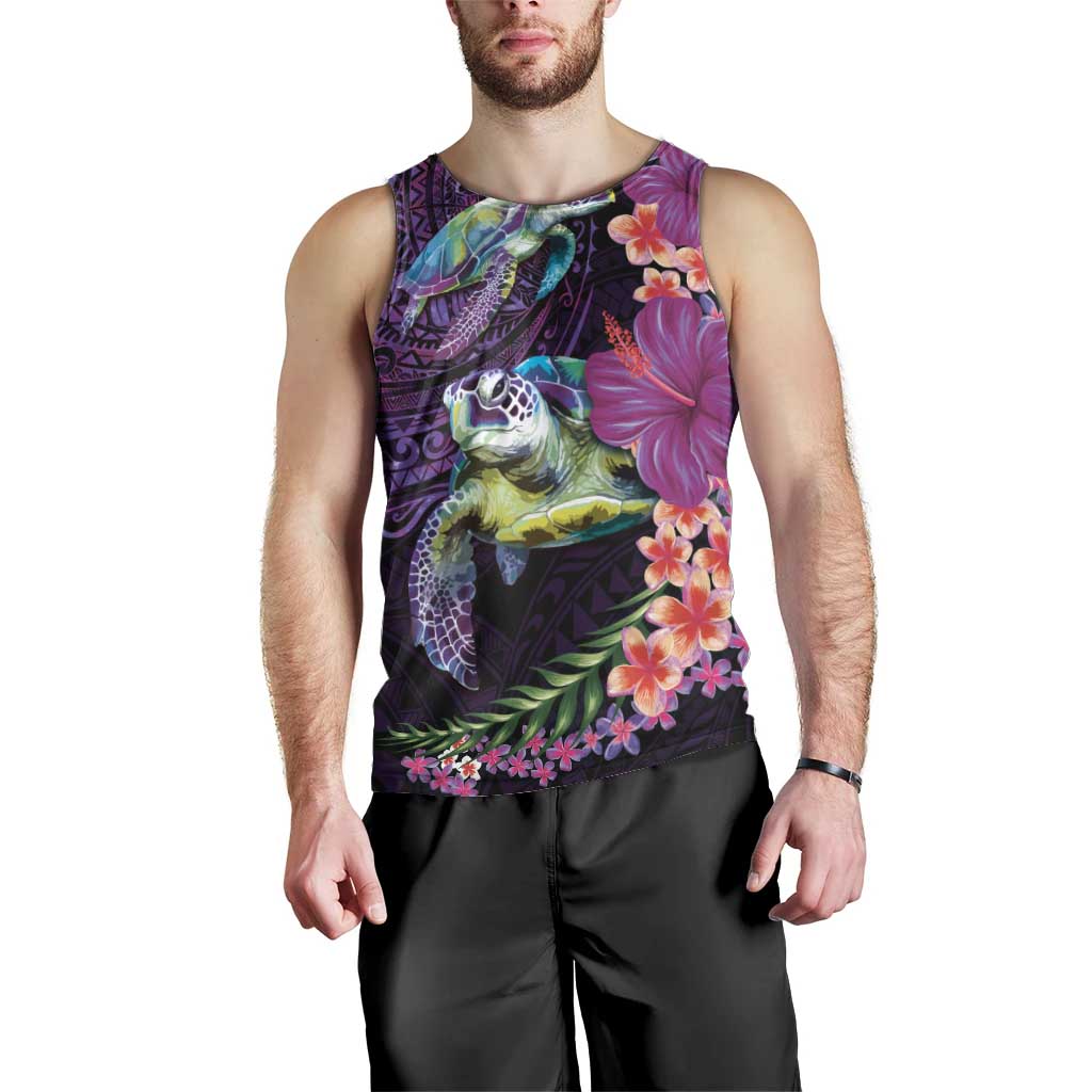 Hawaiian Plumeria and Hibiscus with Turtles Men Tank Top Polynesian Art Purple Color - Polynesian Pride
