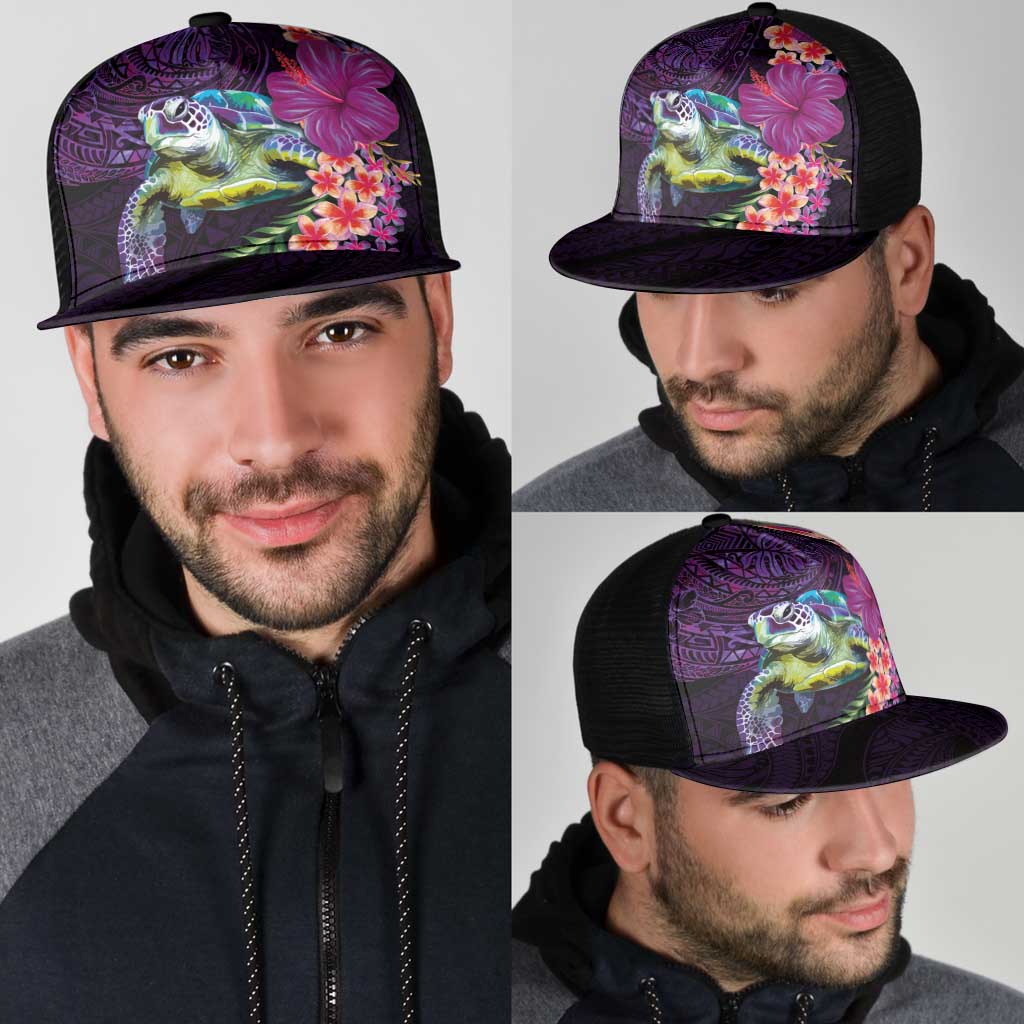 Hawaiian Plumeria and Hibiscus with Turtles Mesh Trucker Cap Polynesian Art Purple Color - Polynesian Pride
