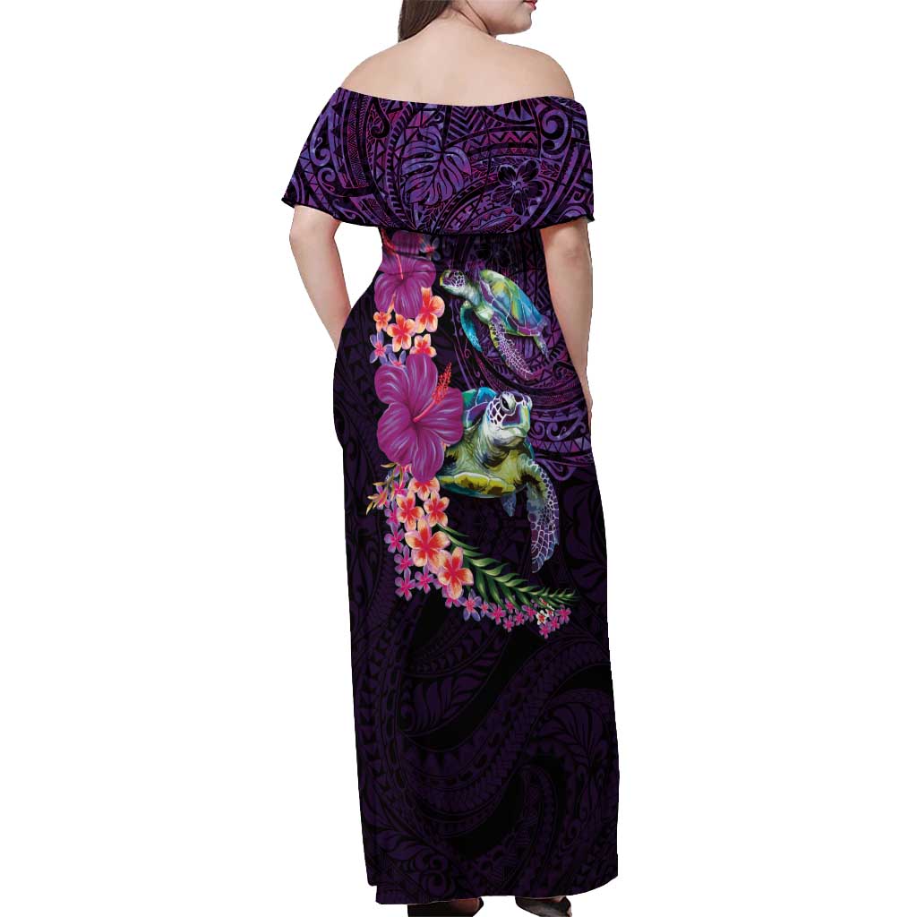 Hawaiian Plumeria and Hibiscus with Turtles Off Shoulder Maxi Dress Polynesian Art Purple Color - Polynesian Pride