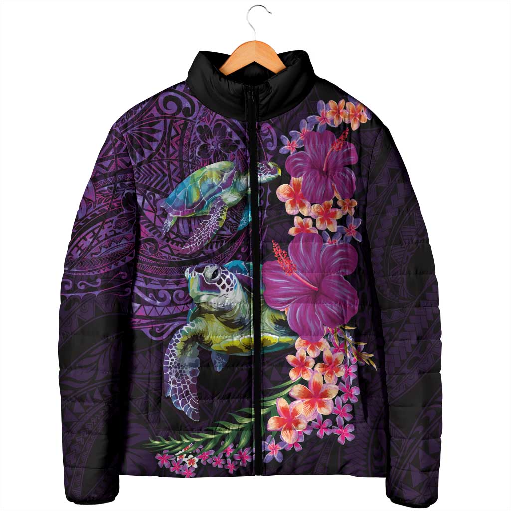Hawaiian Plumeria and Hibiscus with Turtles Padded Jacket Polynesian Art Purple Color - Polynesian Pride