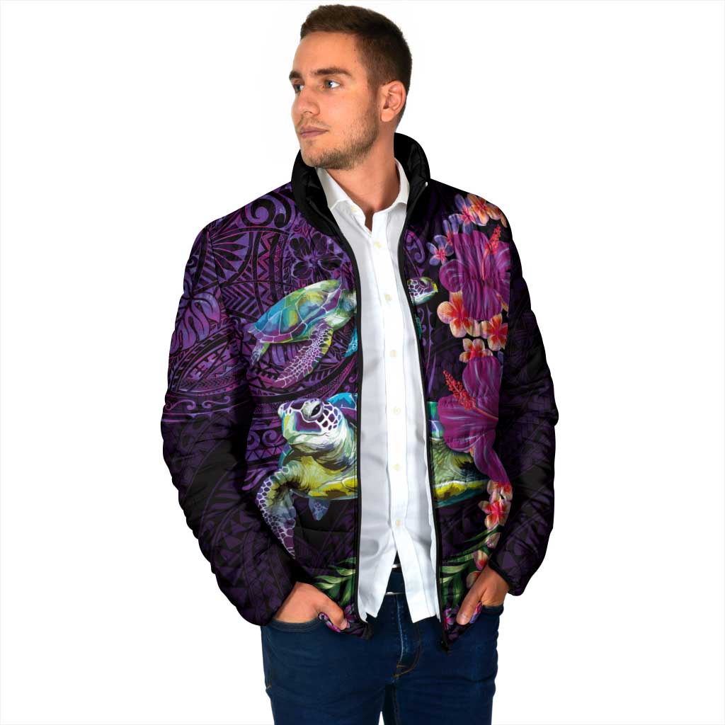 Hawaiian Plumeria and Hibiscus with Turtles Padded Jacket Polynesian Art Purple Color - Polynesian Pride