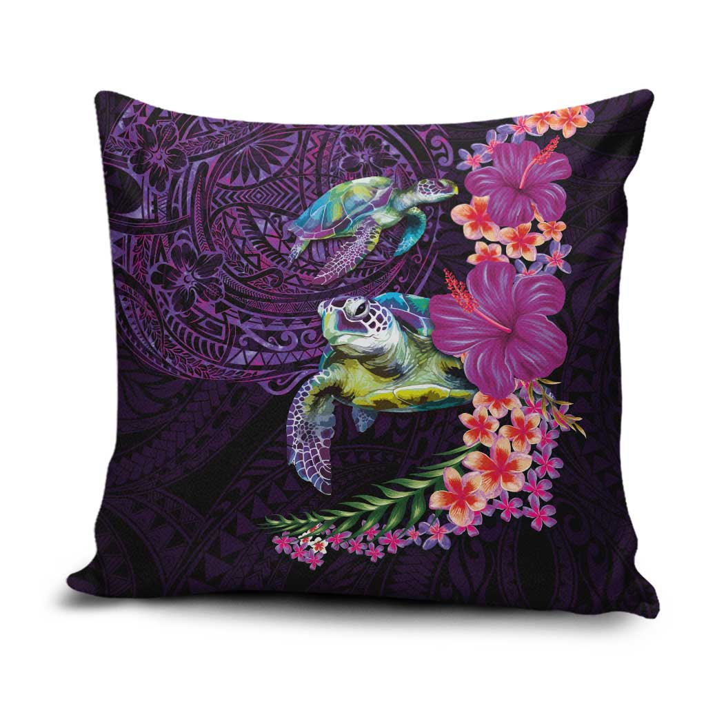 Hawaiian Plumeria and Hibiscus with Turtles Pillow Cover Polynesian Art Purple Color - Polynesian Pride