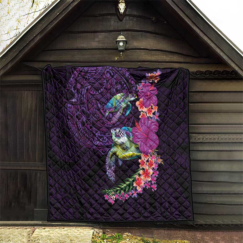 Hawaiian Plumeria and Hibiscus with Turtles Quilt Polynesian Art Purple Color - Polynesian Pride