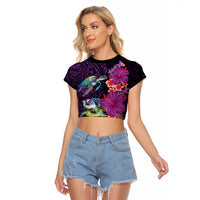 Hawaiian Plumeria and Hibiscus with Turtles Raglan Cropped T Shirt Polynesian Art Purple Color - Polynesian Pride