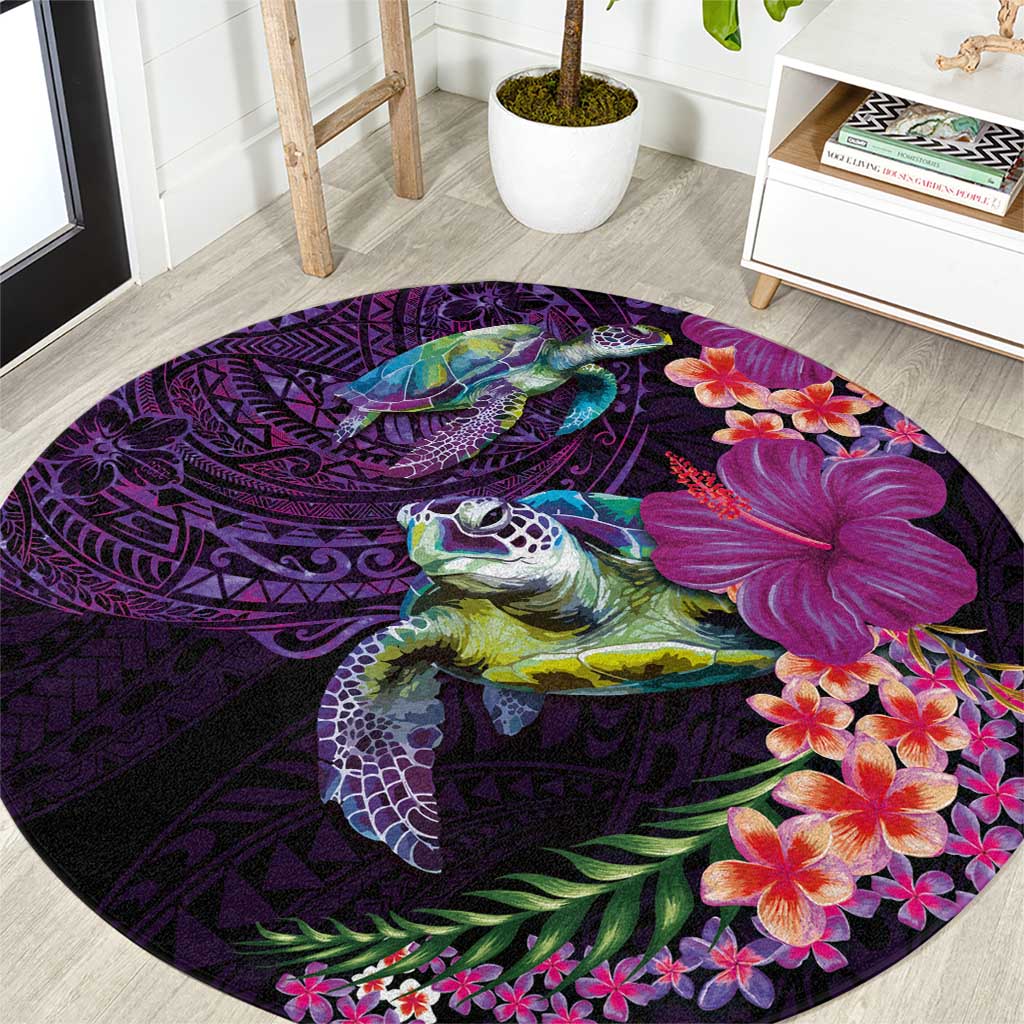 Hawaiian Plumeria and Hibiscus with Turtles Round Carpet Polynesian Art Purple Color - Polynesian Pride