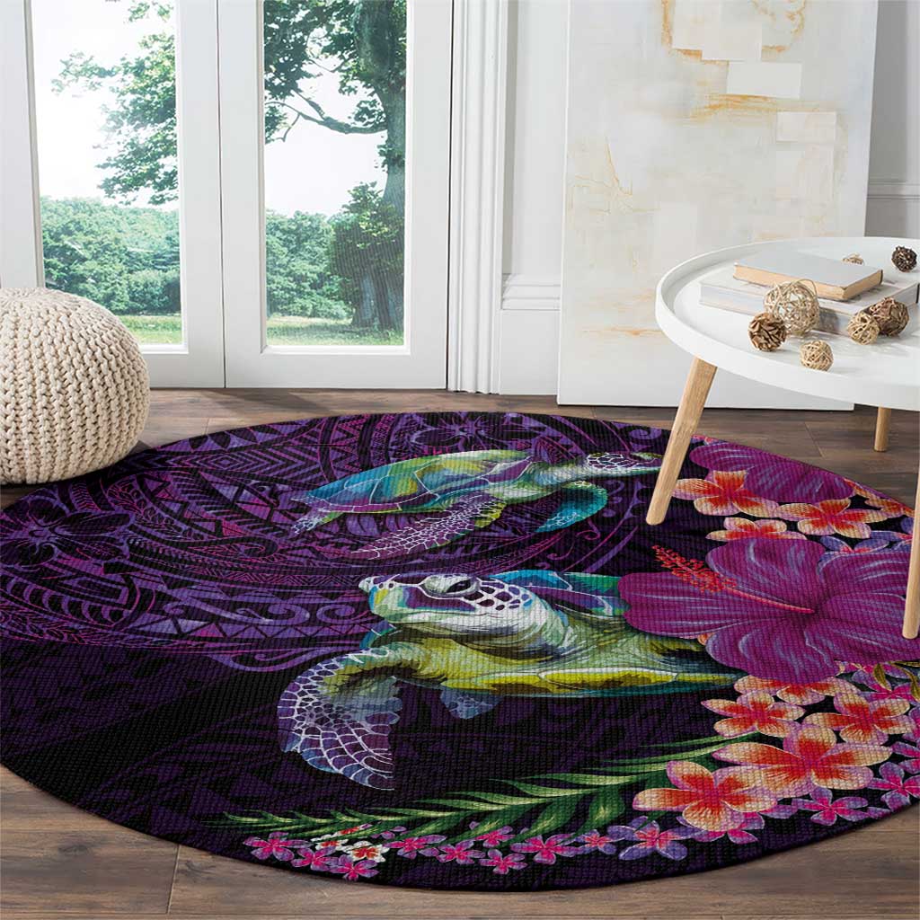 Hawaiian Plumeria and Hibiscus with Turtles Round Carpet Polynesian Art Purple Color - Polynesian Pride