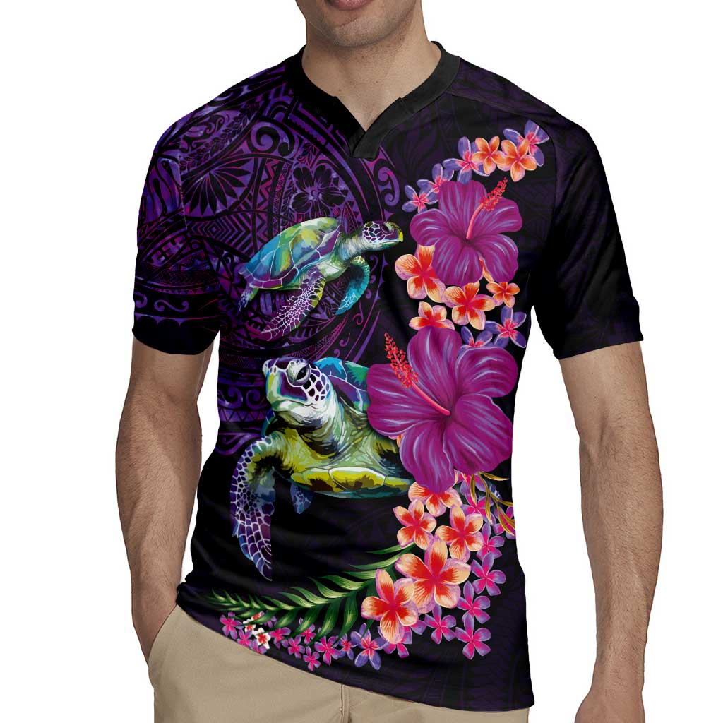 Hawaiian Plumeria and Hibiscus with Turtles Rugby Jersey Polynesian Art Purple Color - Polynesian Pride