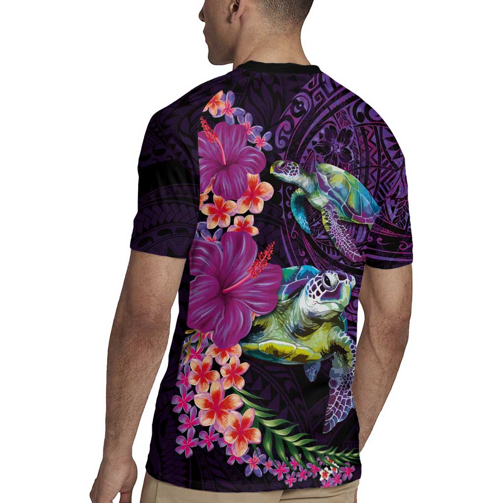 Hawaiian Plumeria and Hibiscus with Turtles Rugby Jersey Polynesian Art Purple Color - Polynesian Pride