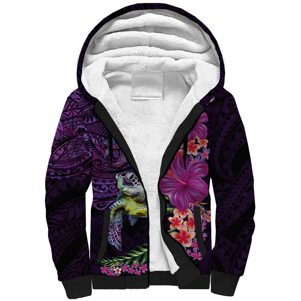Hawaiian Plumeria and Hibiscus with Turtles Sherpa Hoodie Polynesian Art Purple Color - Polynesian Pride