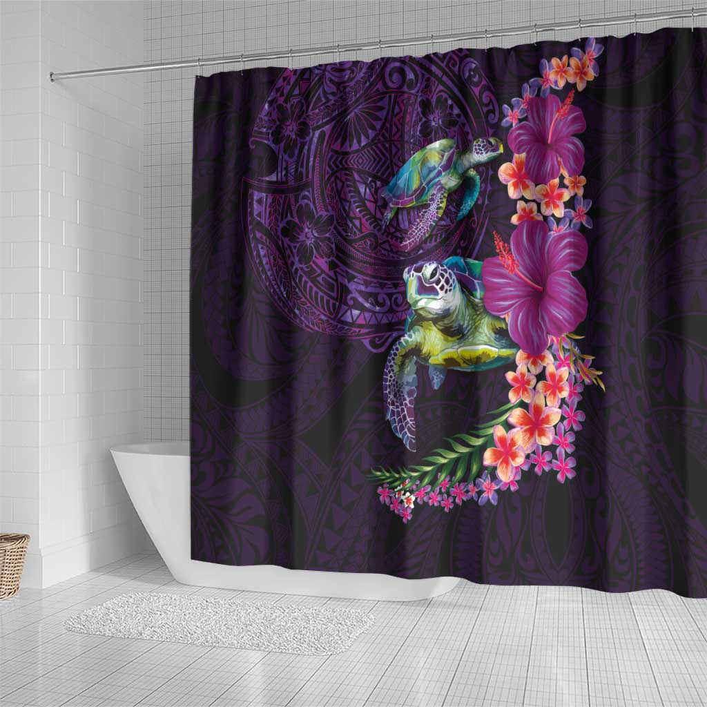 Hawaiian Plumeria and Hibiscus with Turtles Shower Curtain Polynesian Art Purple Color - Polynesian Pride