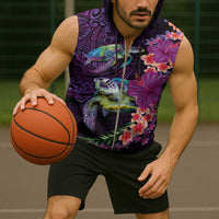 Hawaiian Plumeria and Hibiscus with Turtles Sleeveless Zip Hoodie Polynesian Art Purple Color - Polynesian Pride