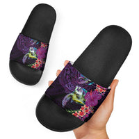 Hawaiian Plumeria and Hibiscus with Turtles Slide Sandals Polynesian Art Purple Color - Polynesian Pride