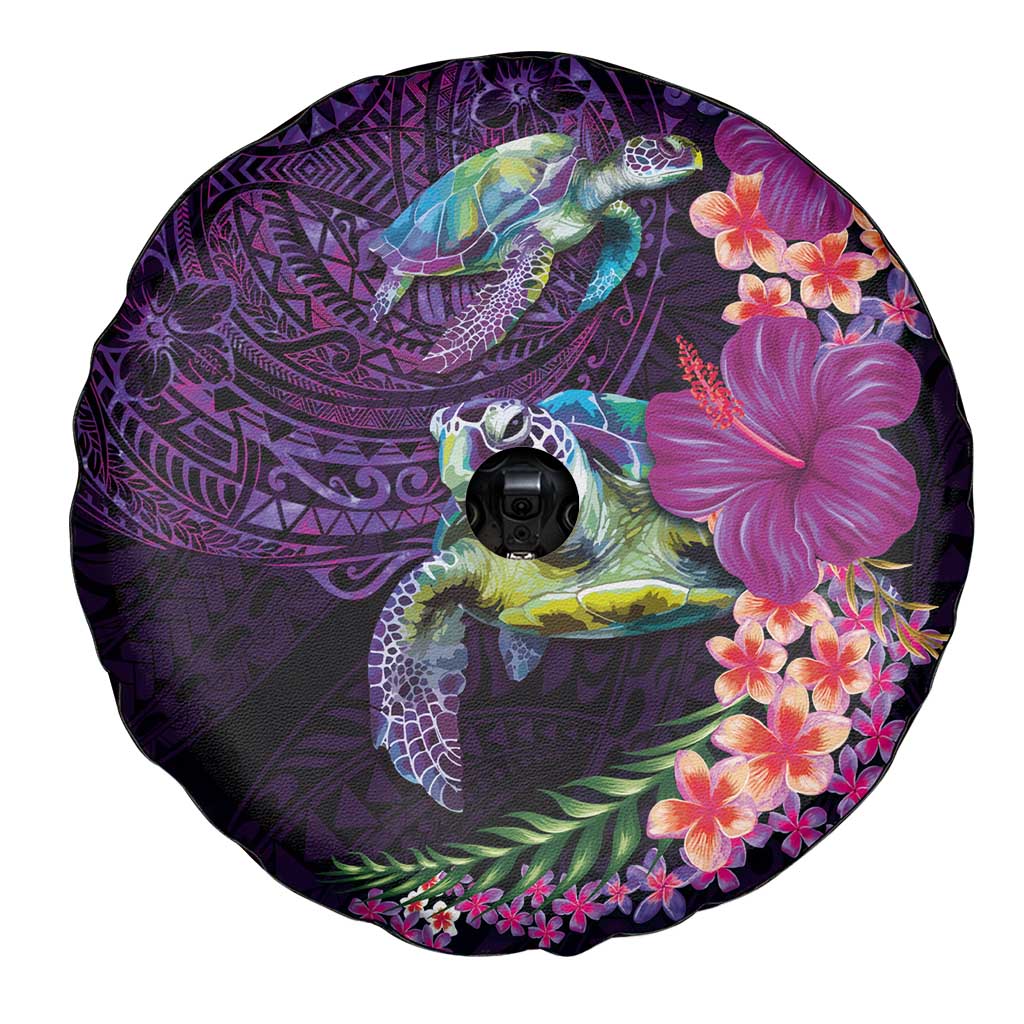 Hawaiian Plumeria and Hibiscus with Turtles Spare Tire Cover Polynesian Art Purple Color - Polynesian Pride