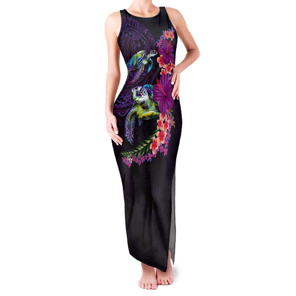 Hawaiian Plumeria and Hibiscus with Turtles Tank Maxi Dress Polynesian Art Purple Color - Polynesian Pride