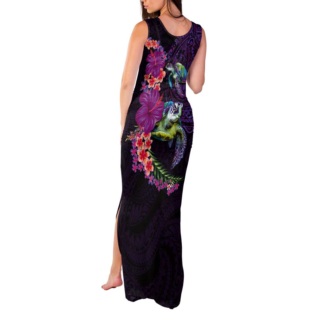 Hawaiian Plumeria and Hibiscus with Turtles Tank Maxi Dress Polynesian Art Purple Color - Polynesian Pride