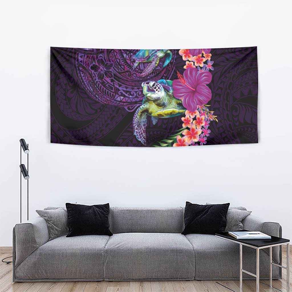 Hawaiian Plumeria and Hibiscus with Turtles Tapestry Polynesian Art Purple Color - Polynesian Pride