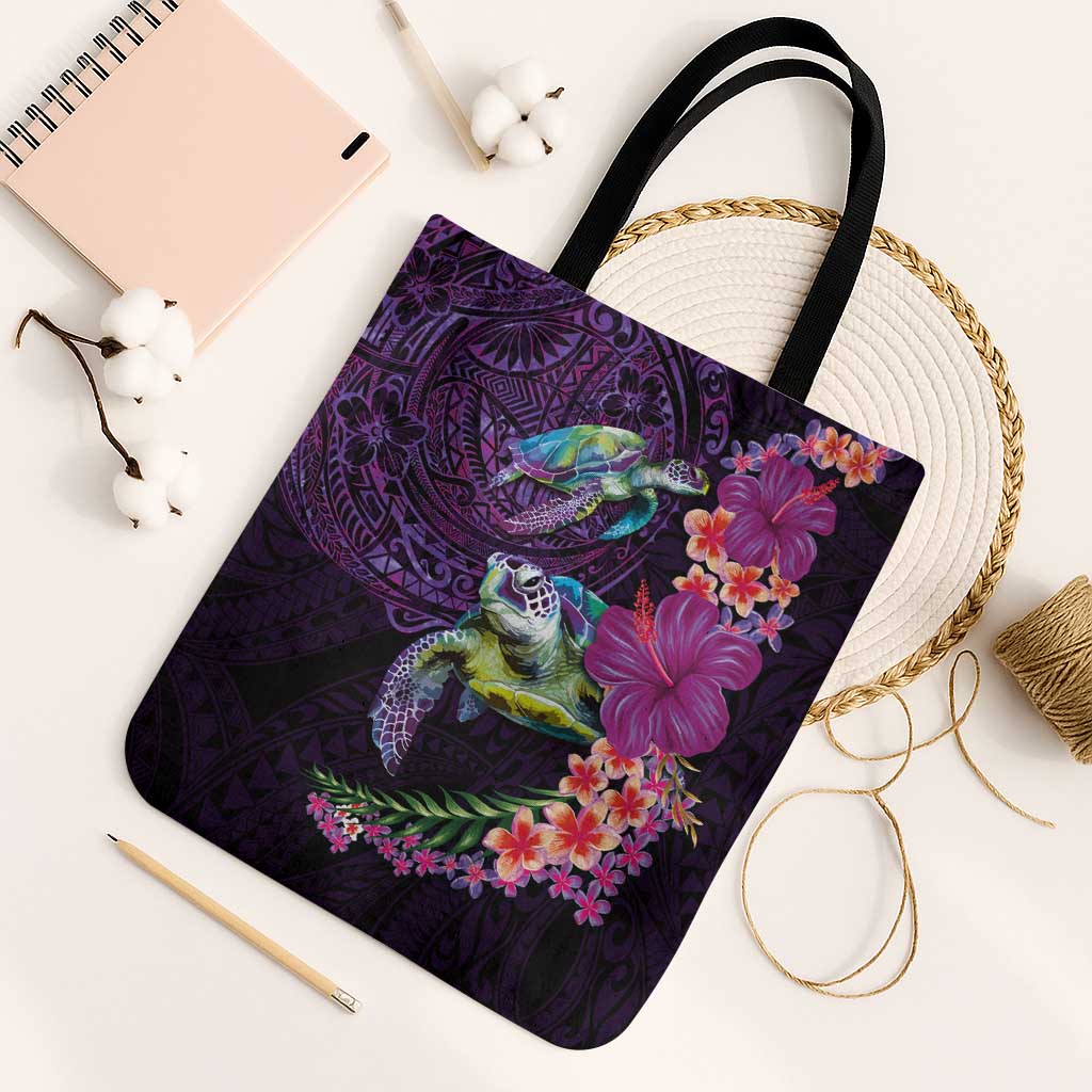 Hawaiian Plumeria and Hibiscus with Turtles Tote Bag Polynesian Art Purple Color - Polynesian Pride