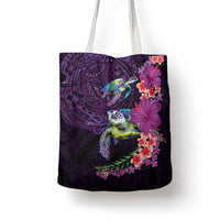 Hawaiian Plumeria and Hibiscus with Turtles Tote Bag Polynesian Art Purple Color - Polynesian Pride