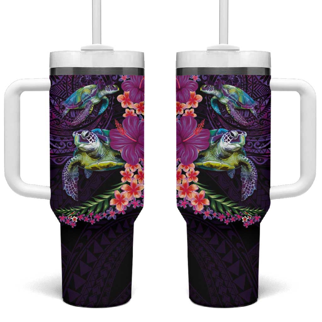 Hawaiian Plumeria and Hibiscus with Turtles Tumbler With Handle Polynesian Art Purple Color - Polynesian Pride