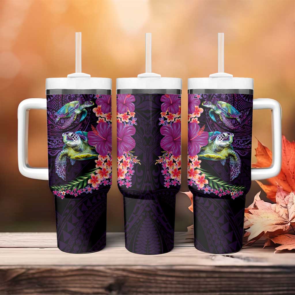 Hawaiian Plumeria and Hibiscus with Turtles Tumbler With Handle Polynesian Art Purple Color - Polynesian Pride